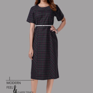Black Plaid Shift Dress Midi Length & Short Sleeves