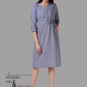 Grey Pinstripe Shirt Dress - Notched V-Neck