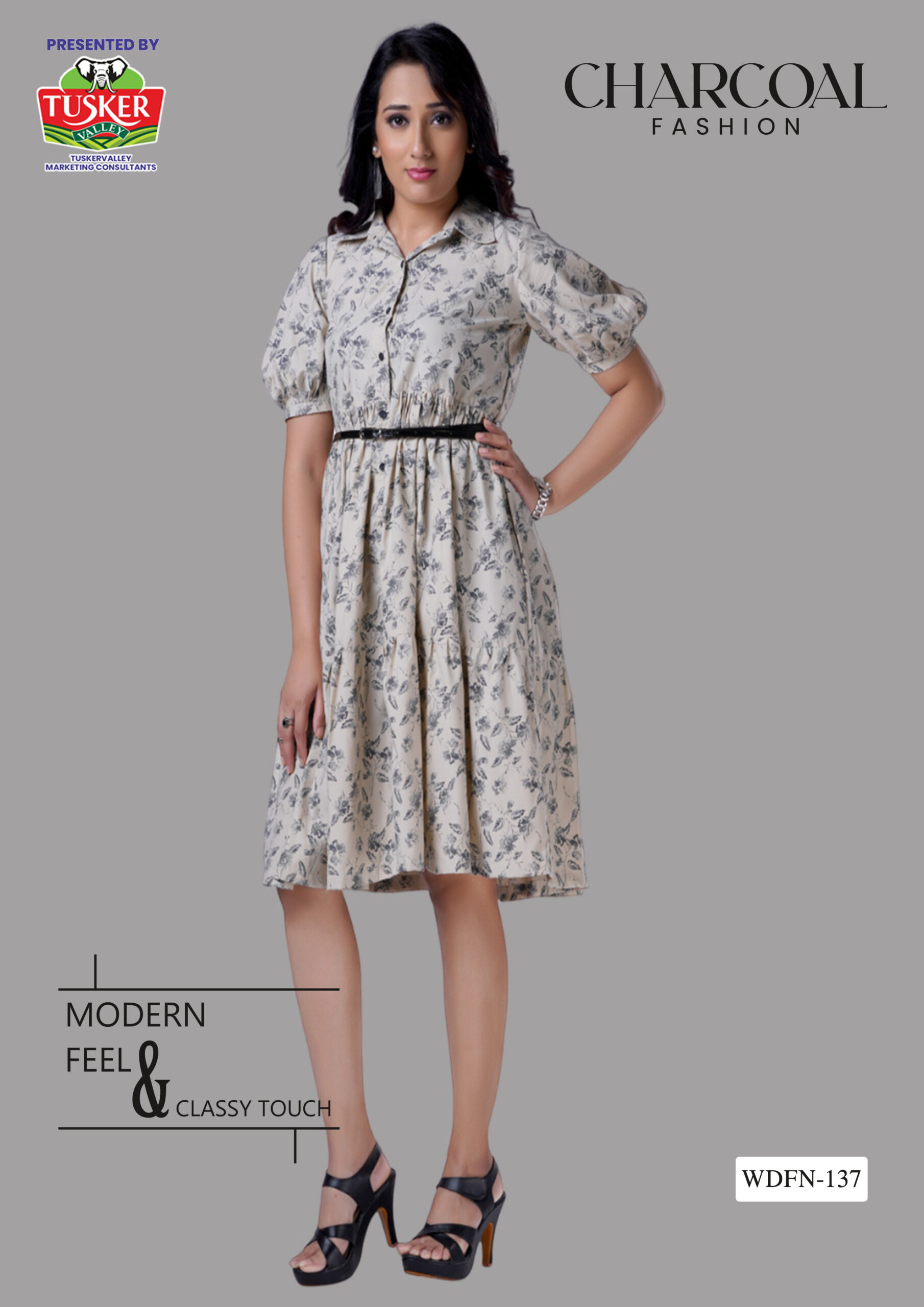 Beige Floral Print Shirt Dress