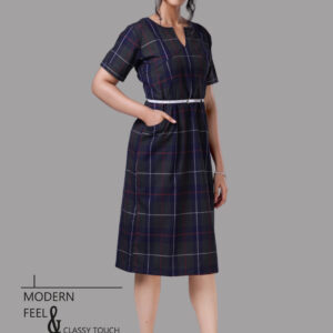 Navy Blue Plaid A-Line Dress with Pockets