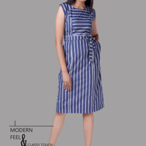 Blue Vertical Stripe Sleeveless Midi Dress for Women