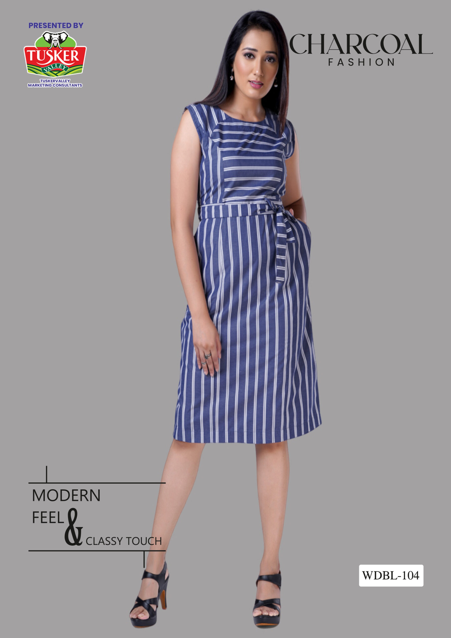 Blue Vertical Stripe Sleeveless Midi Dress for Women