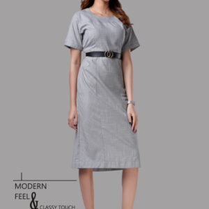 Women’s Light Grey Round Neck Belted Midi Dress