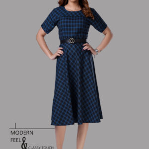 Navy Blue Plaid Short Sleeve Midi Dress