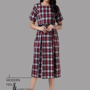 Red and Black Plaid Midi Dress - Pleated A-Line Skirt with Short Sleeves