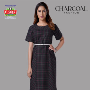 Black Plaid Shift Dress Midi Length & Short Sleeves