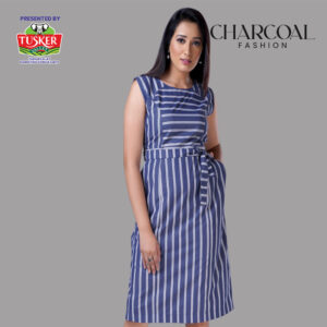 Blue Vertical Stripe Sleeveless Midi Dress