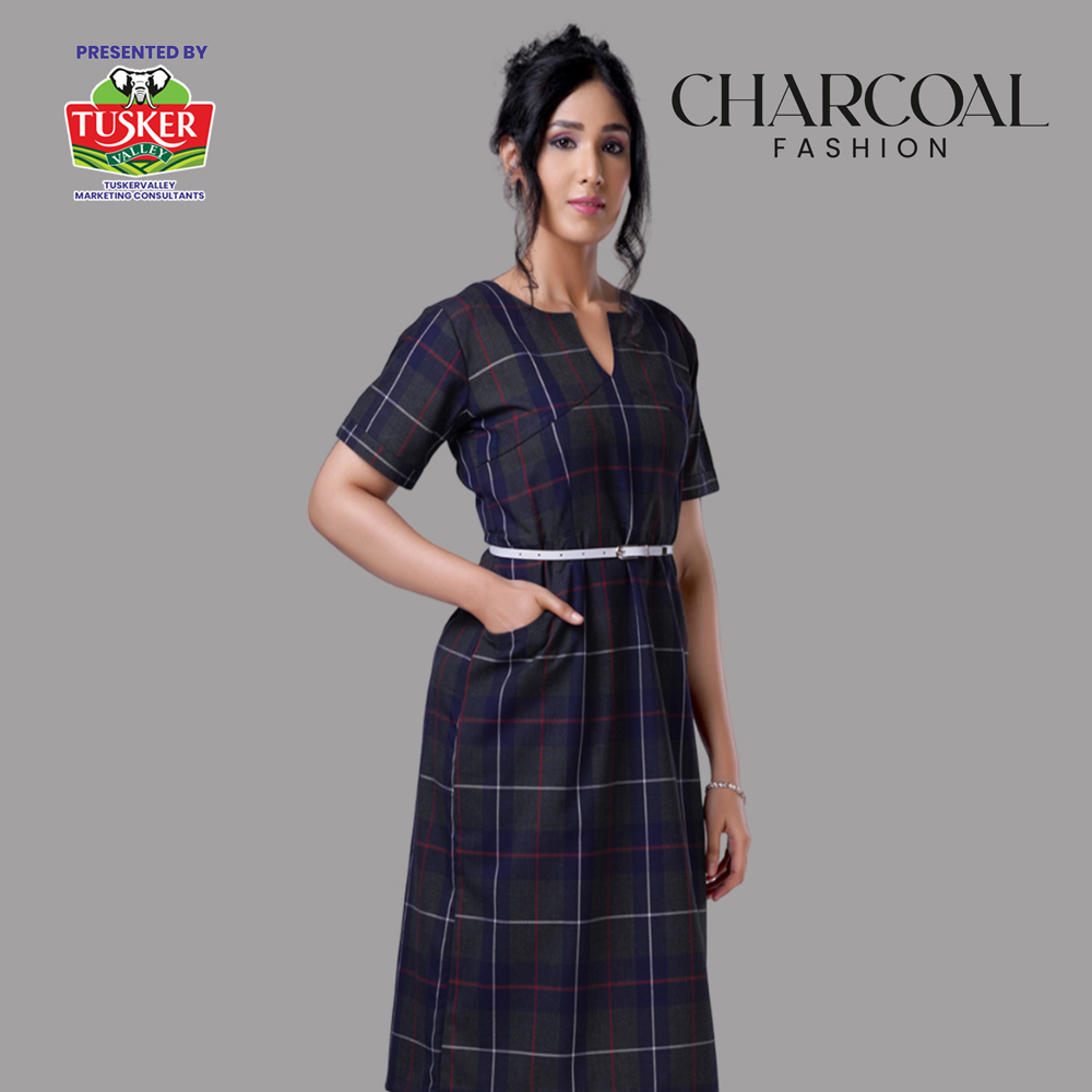 Navy Blue Plaid A-Line Dress with Pockets
