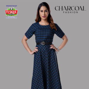 Navy Blue Plaid Short Sleeve Midi Dress