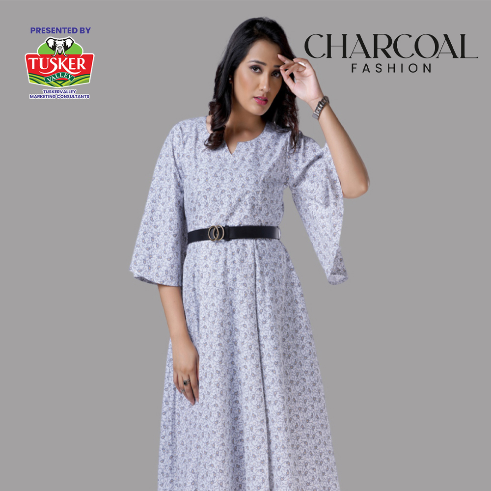 Pale Grey Print A Line Midi Dress