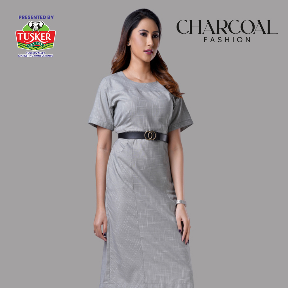 Women’s Light Grey Round Neck Belted Midi Dress